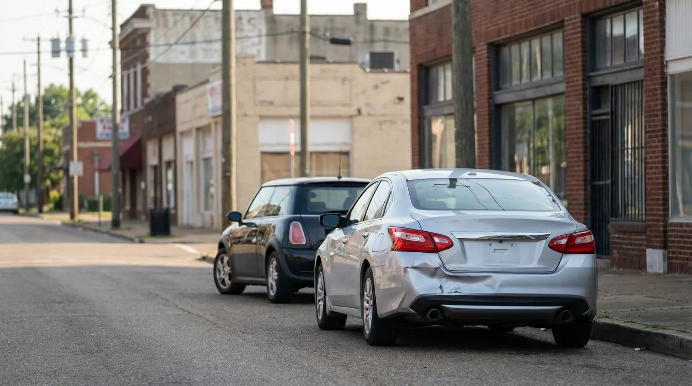 sedan with visible rear bumper damage parked on urban street after collision