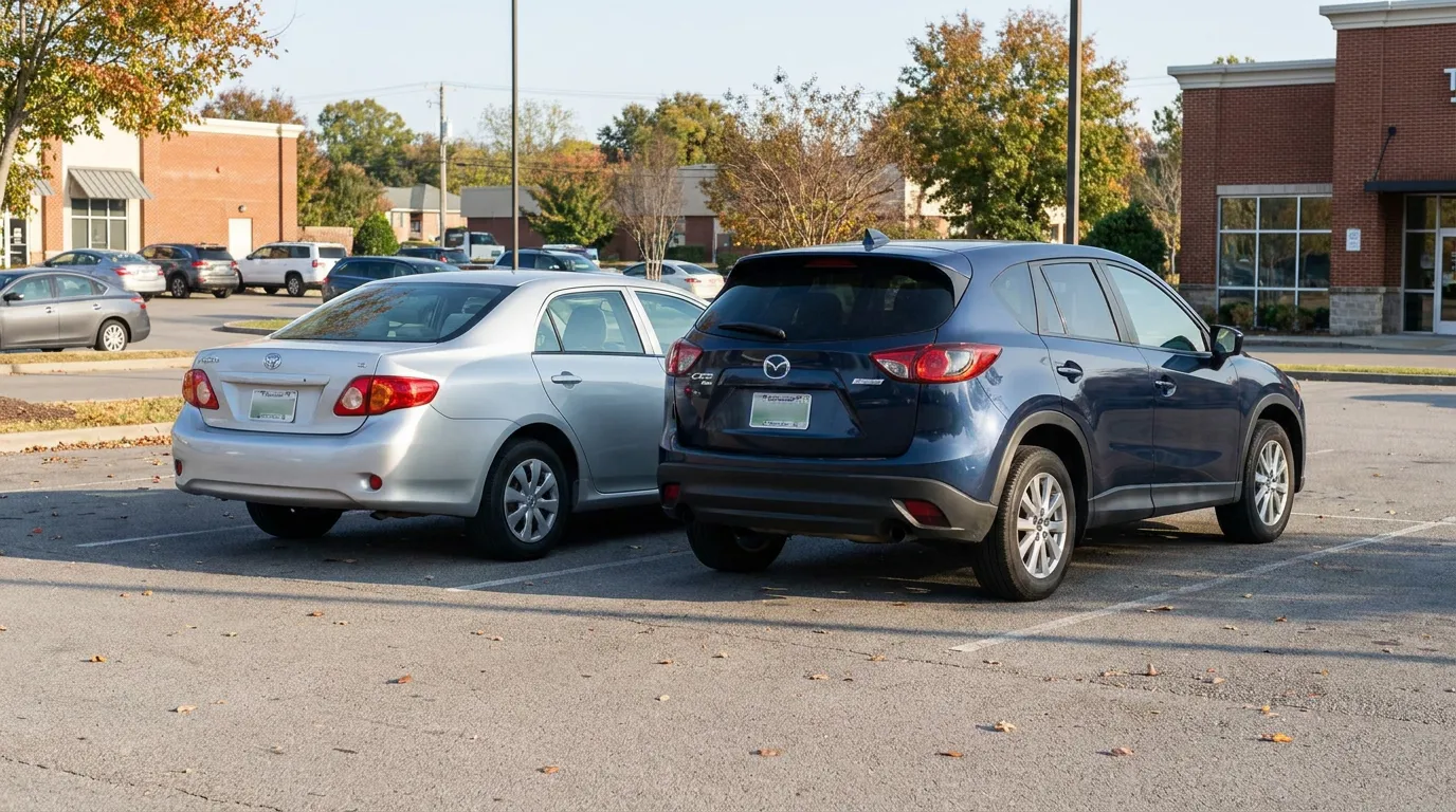 Toyota Corolla sedan rear-ended by Mazda CX-5 SUV in parking lot