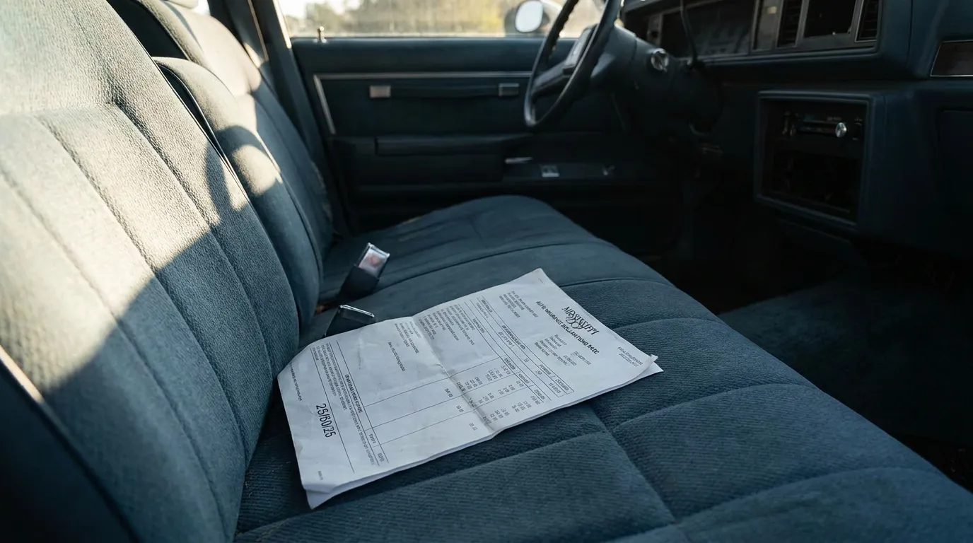 auto insurance policy document resting on vehicle front bench seat