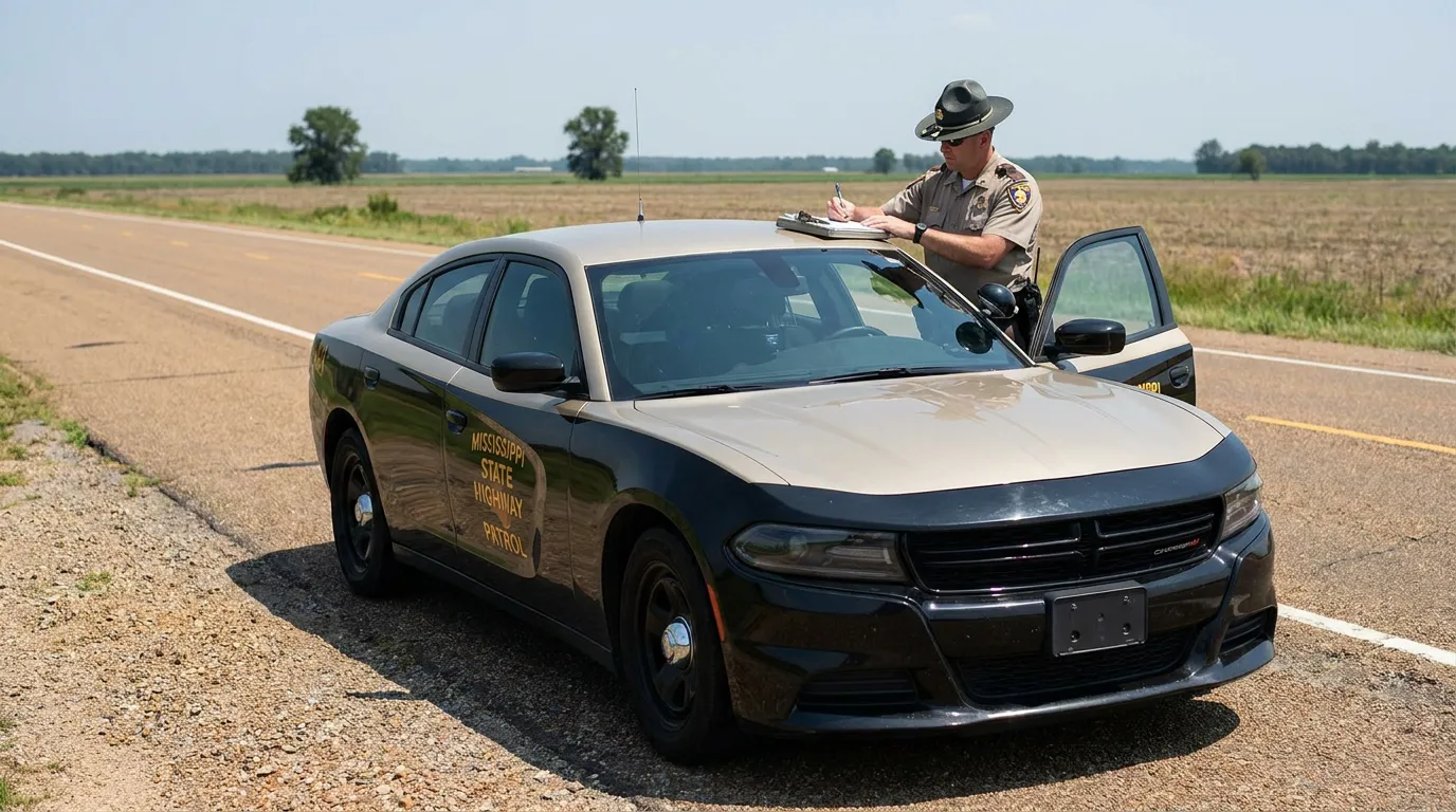 Mississippi State Highway Patrol officer writing citation beside patrol vehicle on rural road