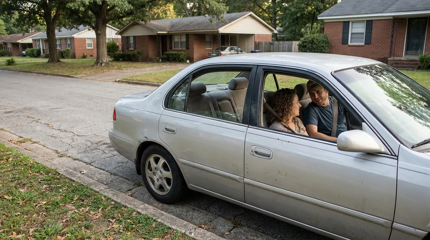 two passengers seated inside sedan parked on residential neighborhood street