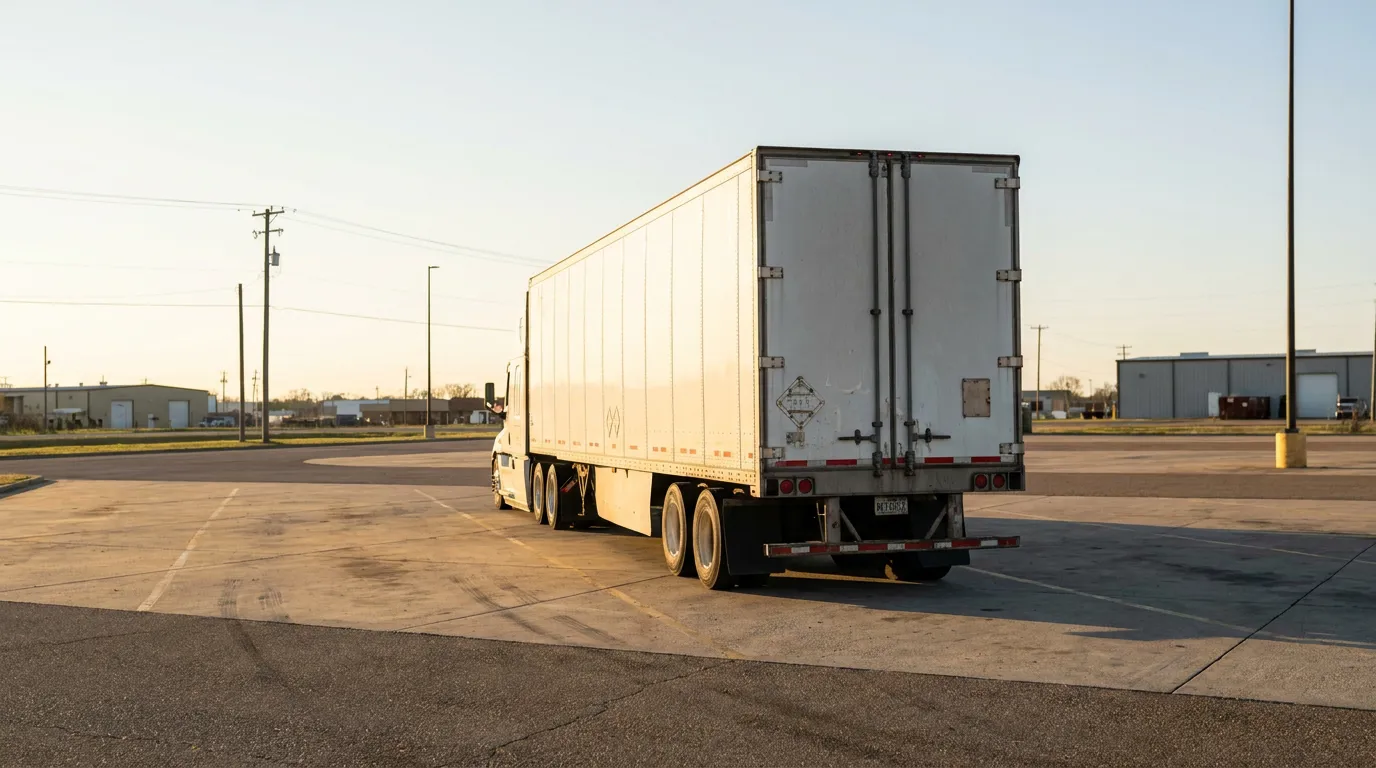 semi-truck with large box trailer maneuvering through industrial parking lot