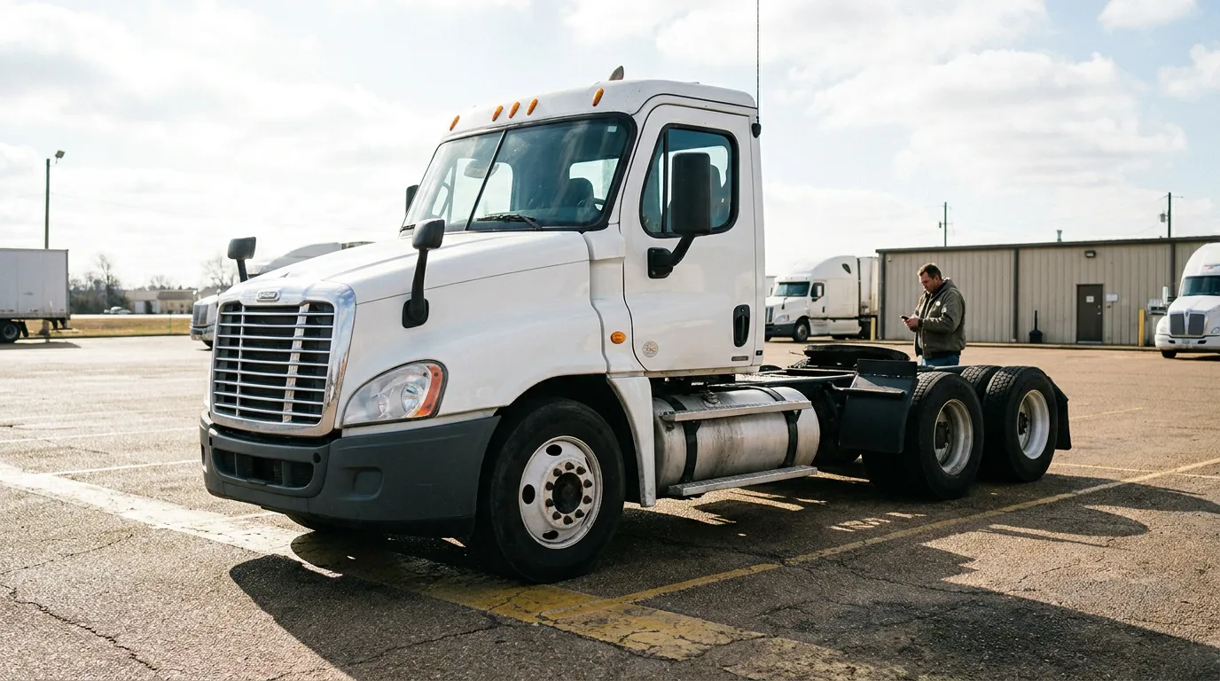 semi-truck cab without trailer parked in commercial lot with man standing nearby
