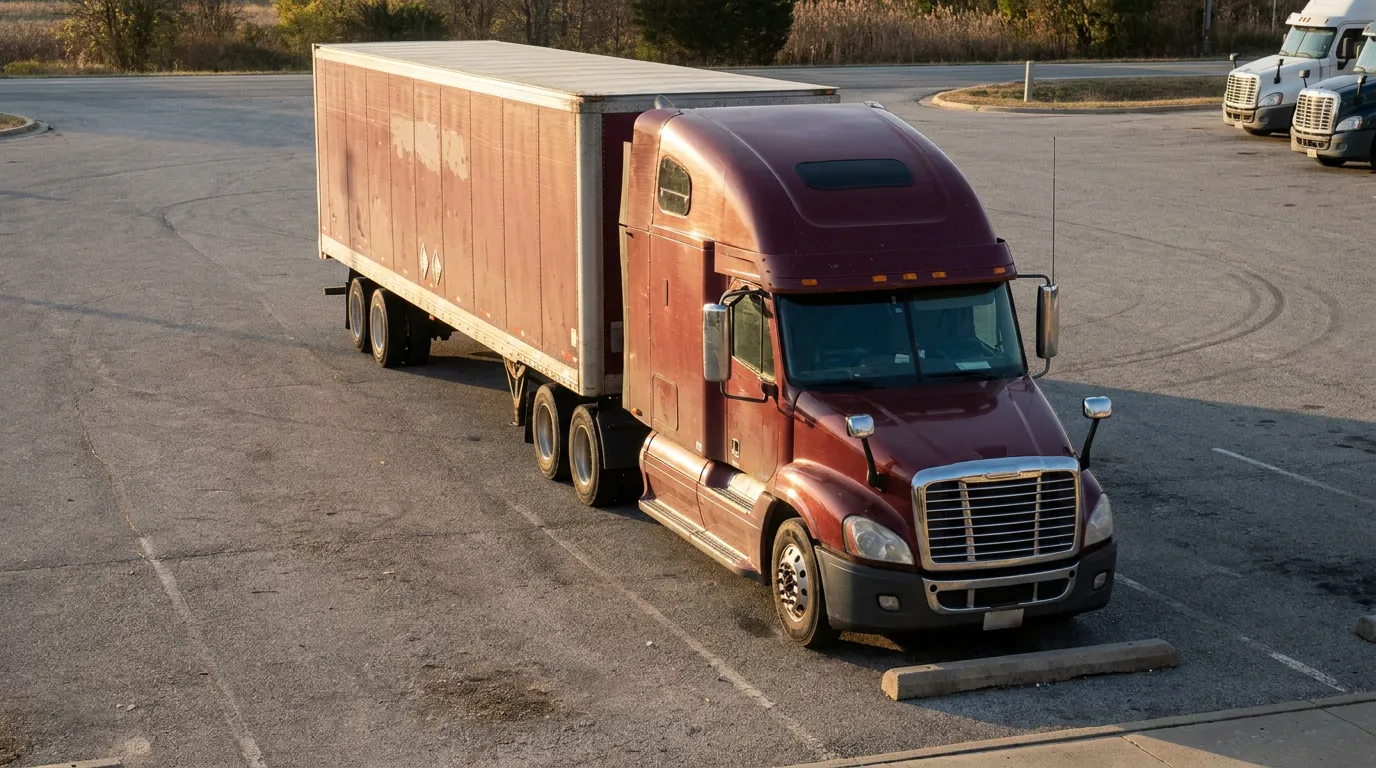 semi-truck with large trailer parked in commercial truck stop lot