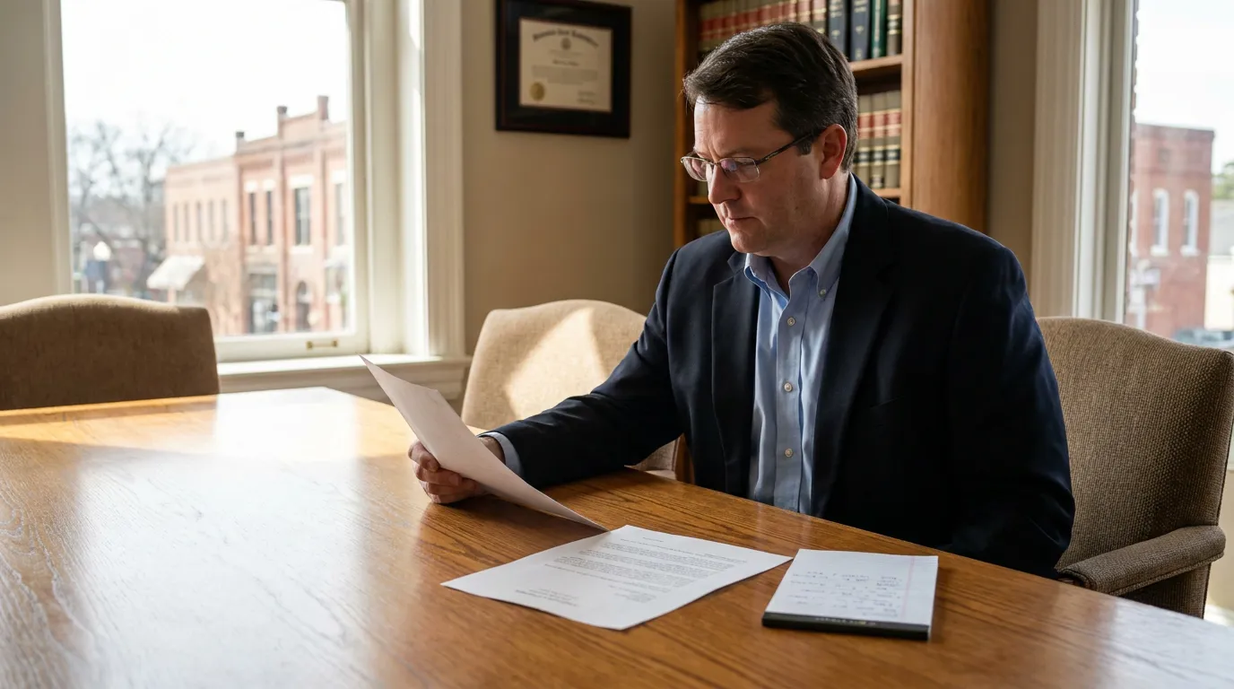 attorney in blazer reviewing legal documents at office conference table with framed diploma