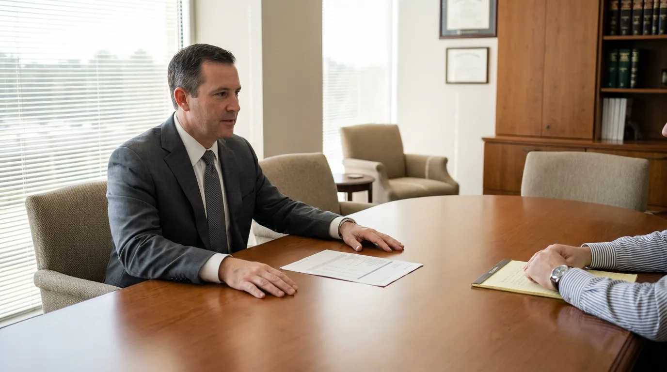 suited attorney seated at conference table with documents during client meeting