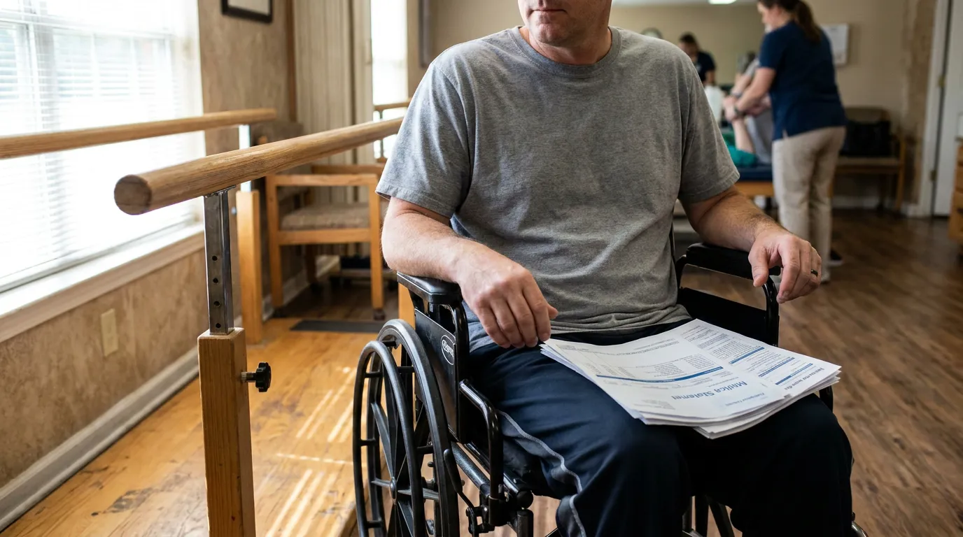 man seated in wheelchair holding medical statement documents in rehabilitation facility