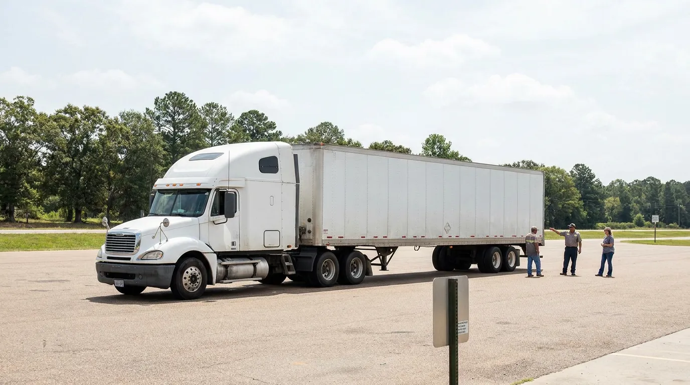 three people standing beside parked semi-truck with full trailer in open lot