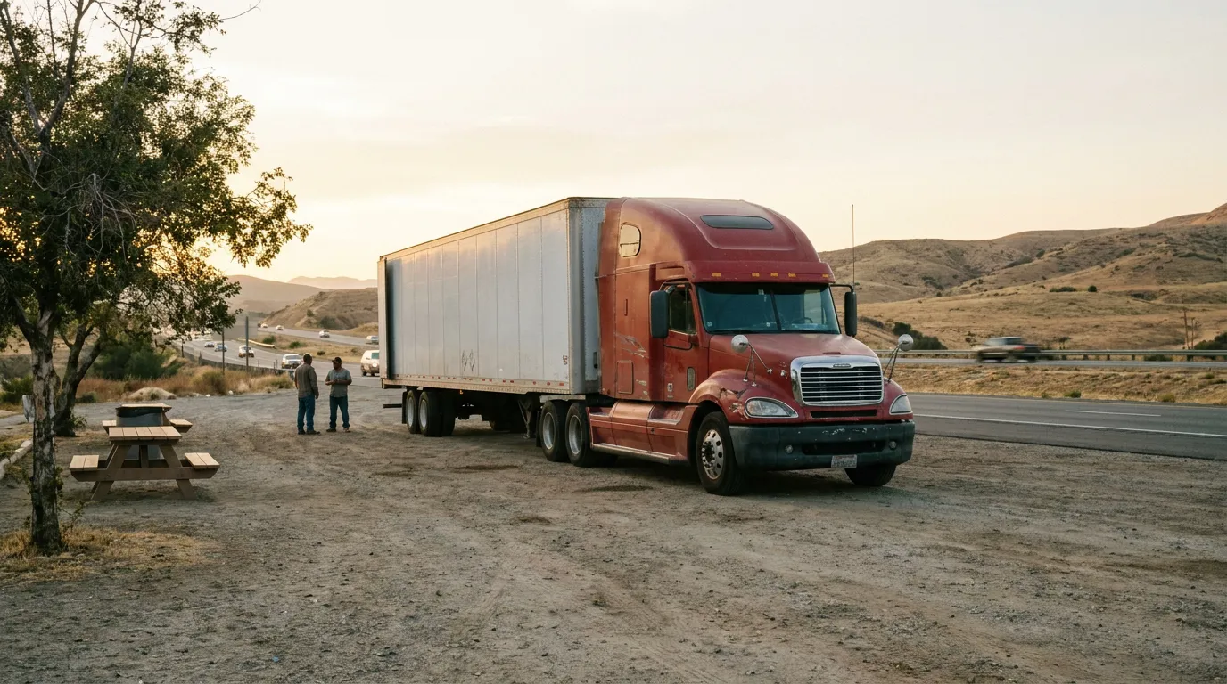 semi-truck with trailer parked at highway rest stop near two standing figures