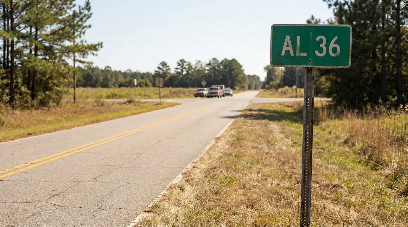 AL 36 Alabama state route sign along rural two-lane highway with vehicles
