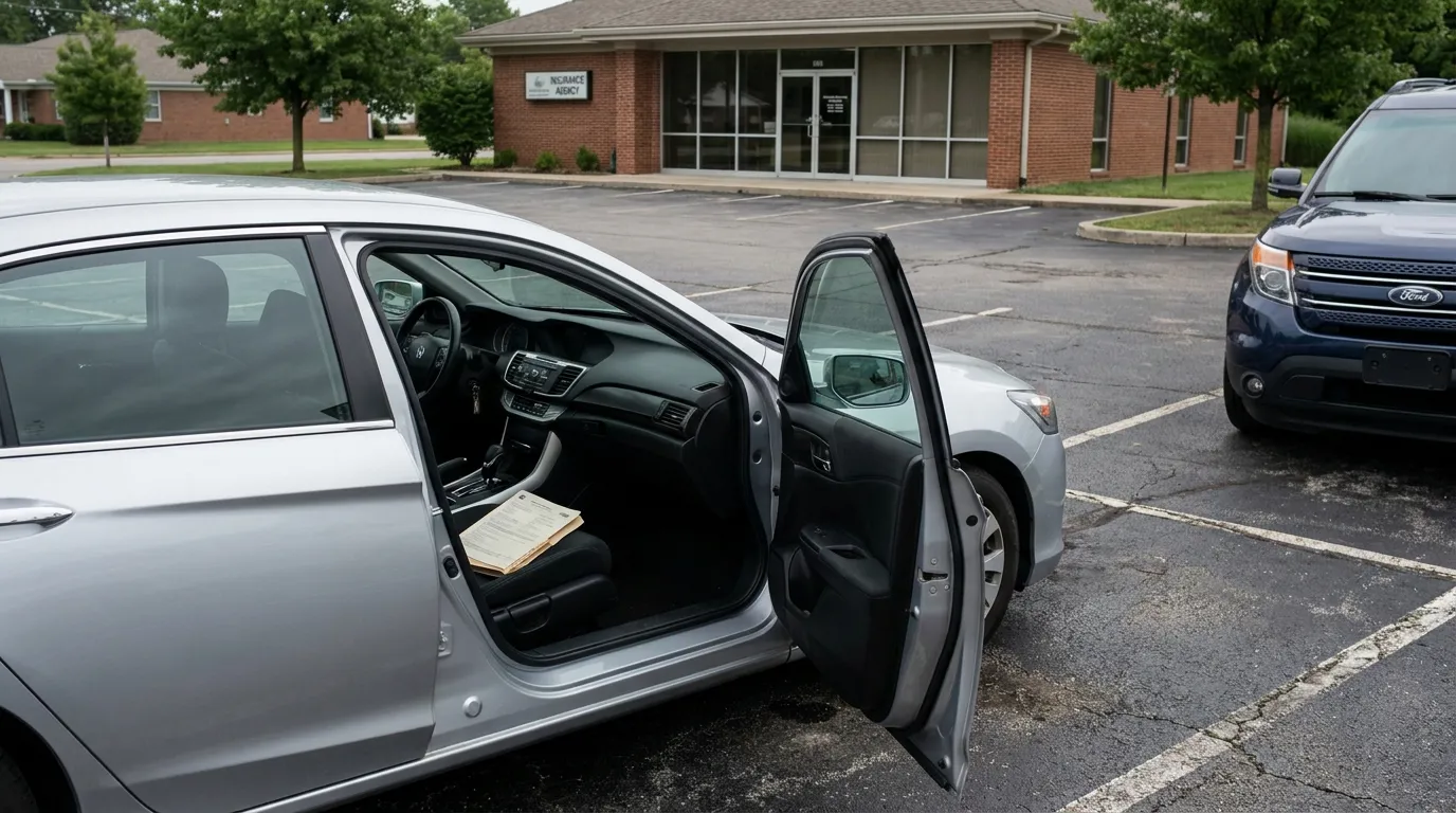 sedan with open door and documents on seat parked outside insurance agency
