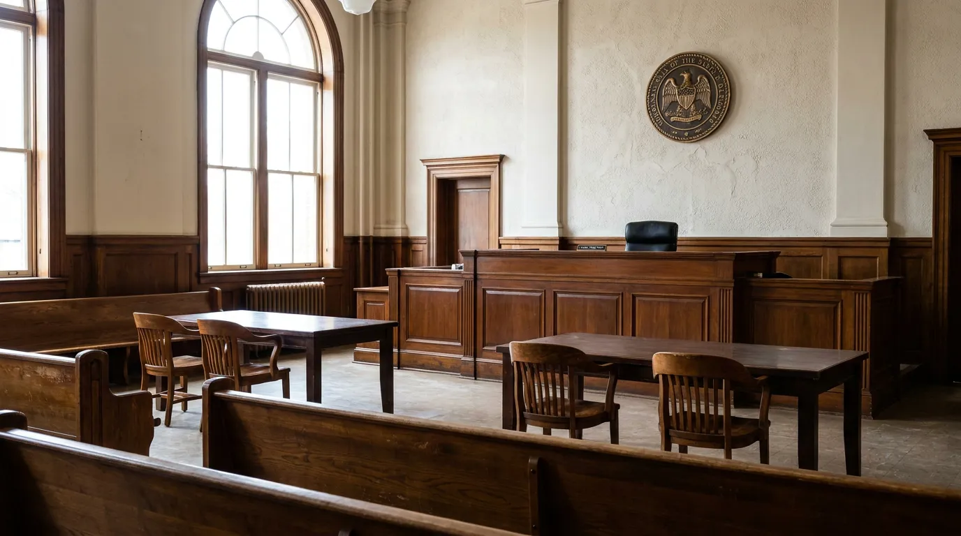 empty courtroom interior with judge's bench, counsel tables, and state seal