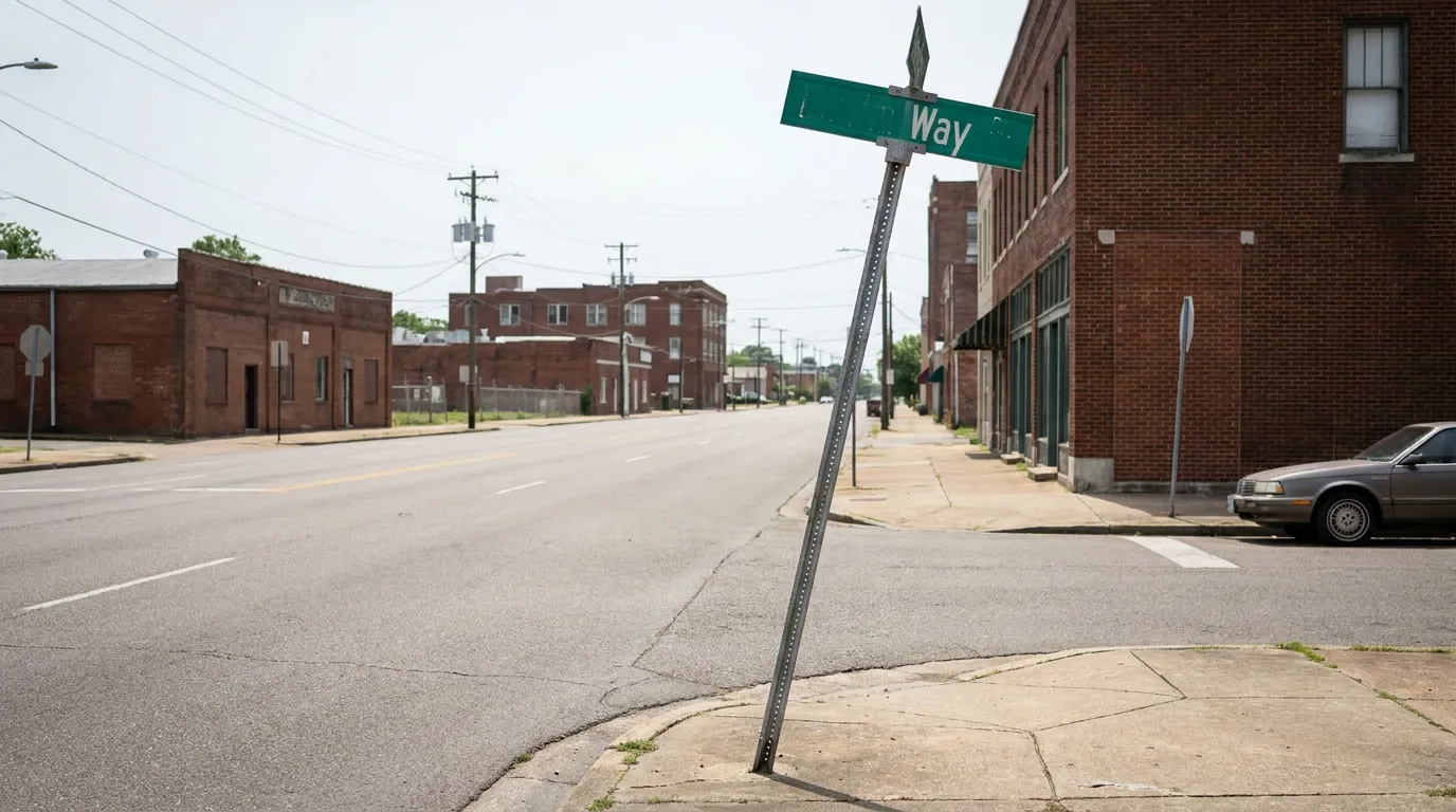 leaning street sign pole at urban intersection near brick buildings