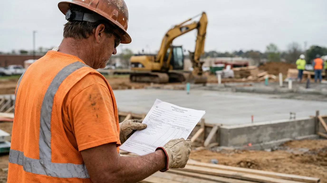 construction worker in hard hat reviewing documents at active job site with excavator