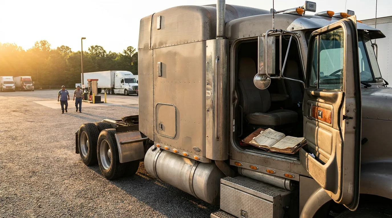 semi-truck cab with open door and logbook resting on seat at truck stop