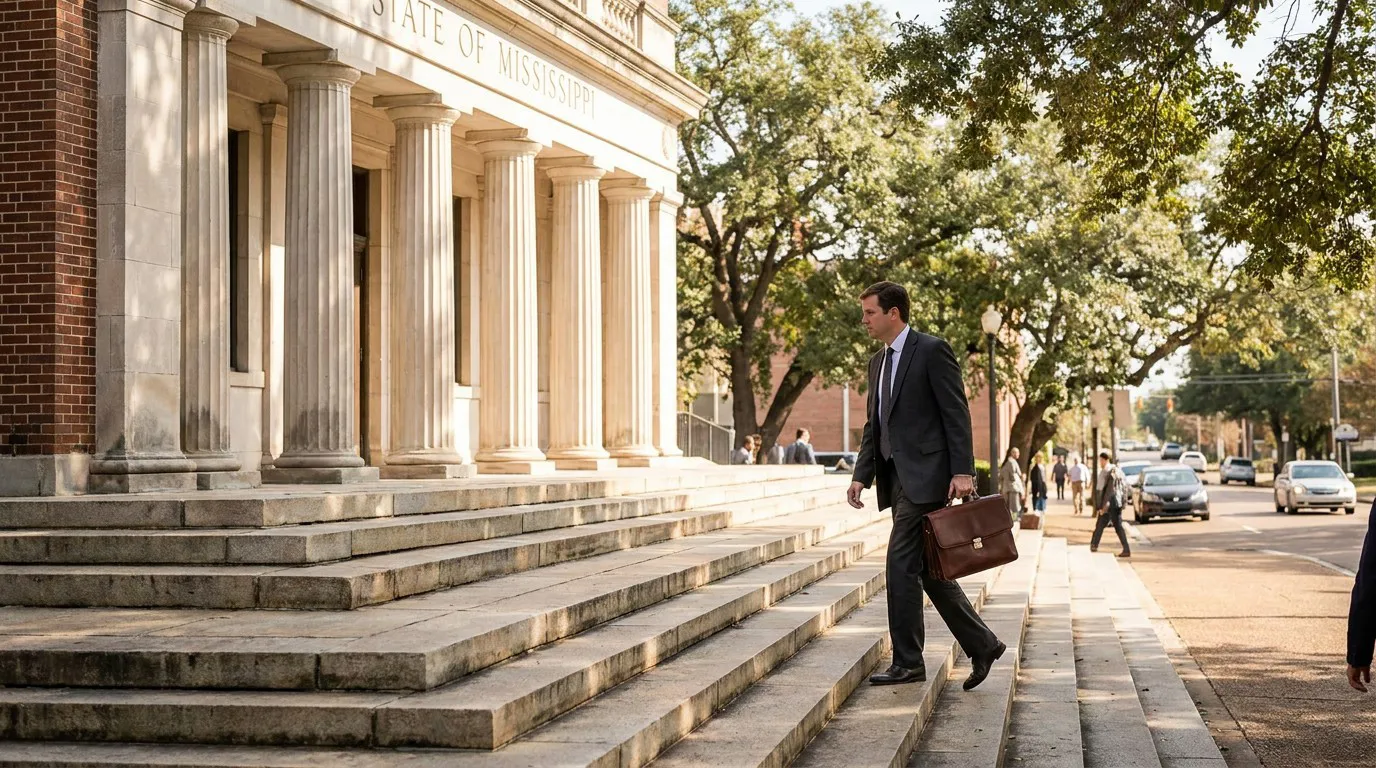 suited attorney carrying briefcase ascending steps of State of Mississippi building