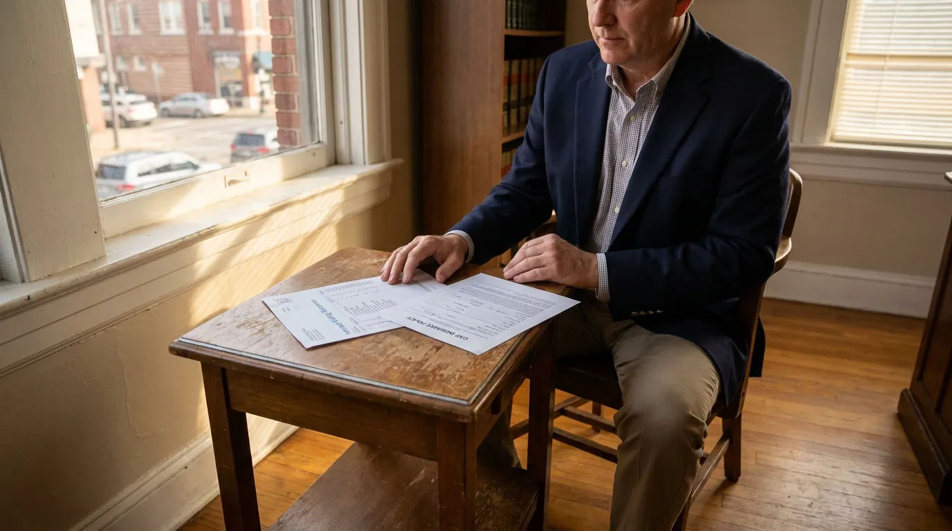 suited professional reviewing car insurance policy documents at wooden desk near window