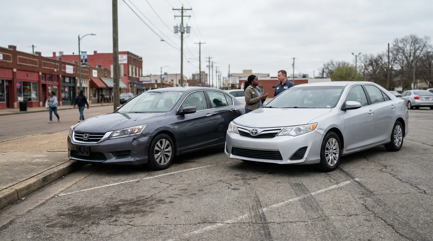 Honda Accord and Toyota Camry parked side by side as two people converse nearby