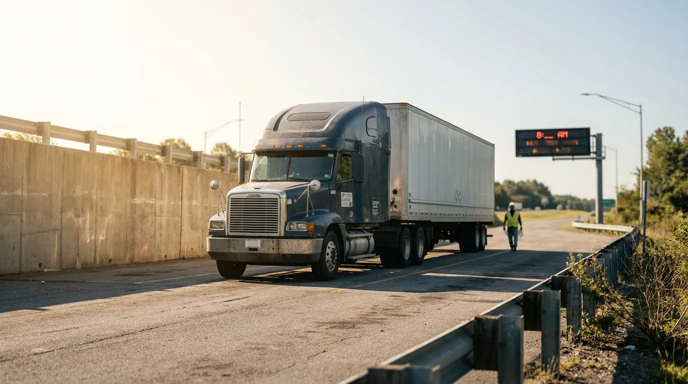 semi-truck on highway road near worker in safety vest and overhead sign