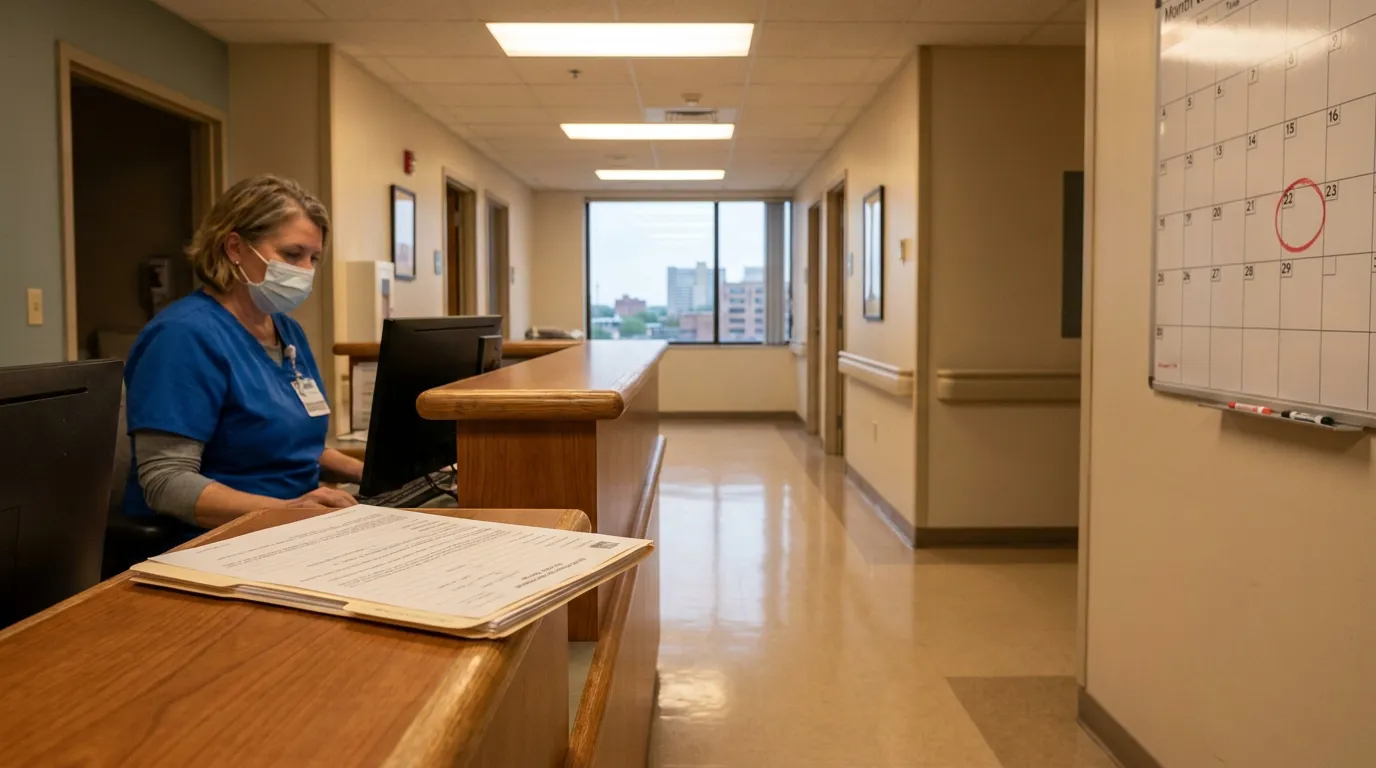 masked nurse at hospital nurses station with patient files and wall calendar