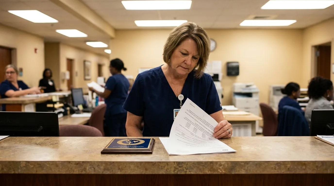 nurse in scrubs reviewing medical documents at hospital nursing station