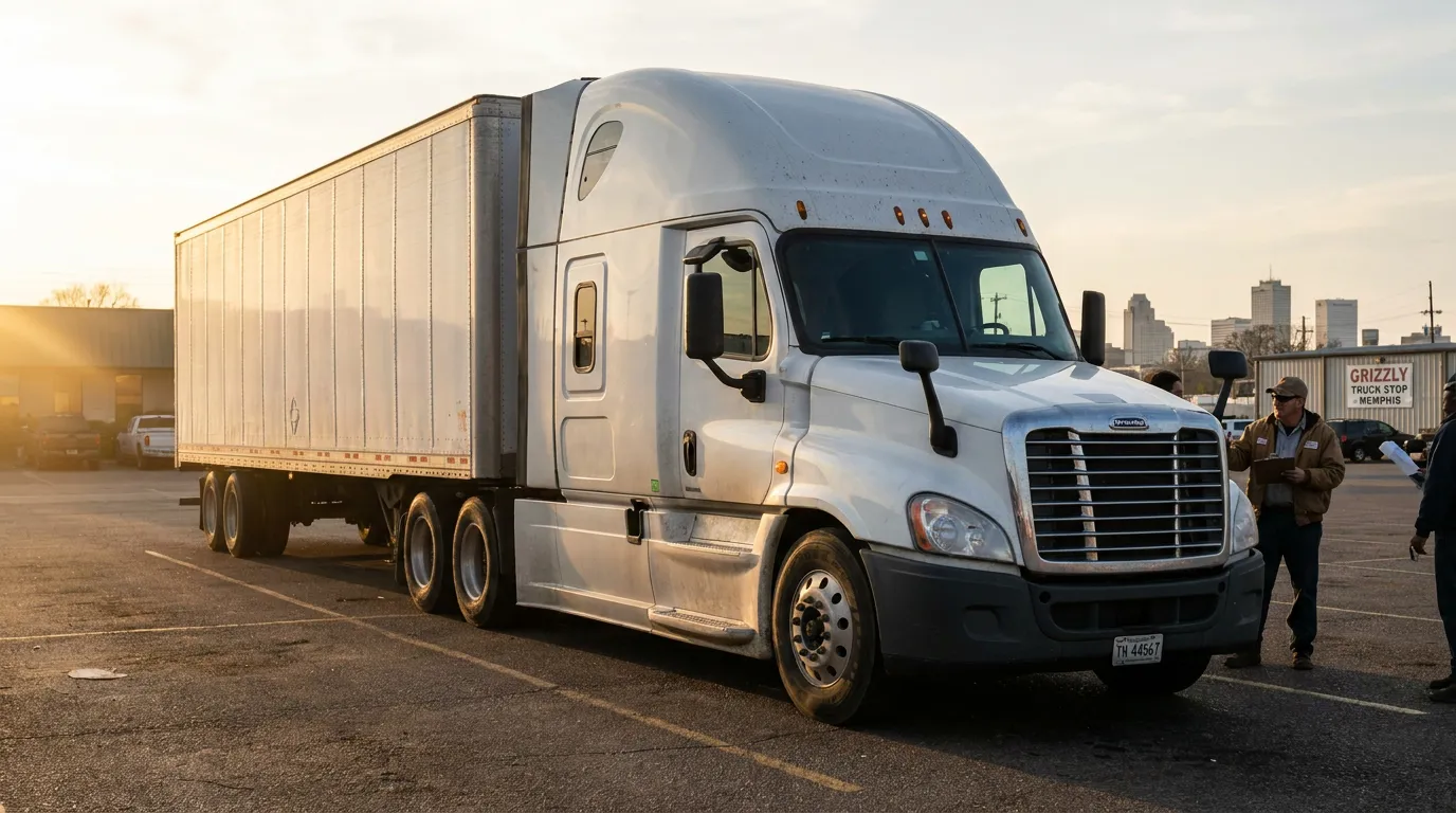 Freightliner semi-truck parked at Grizzly Truck Stop Memphis with person standing nearby