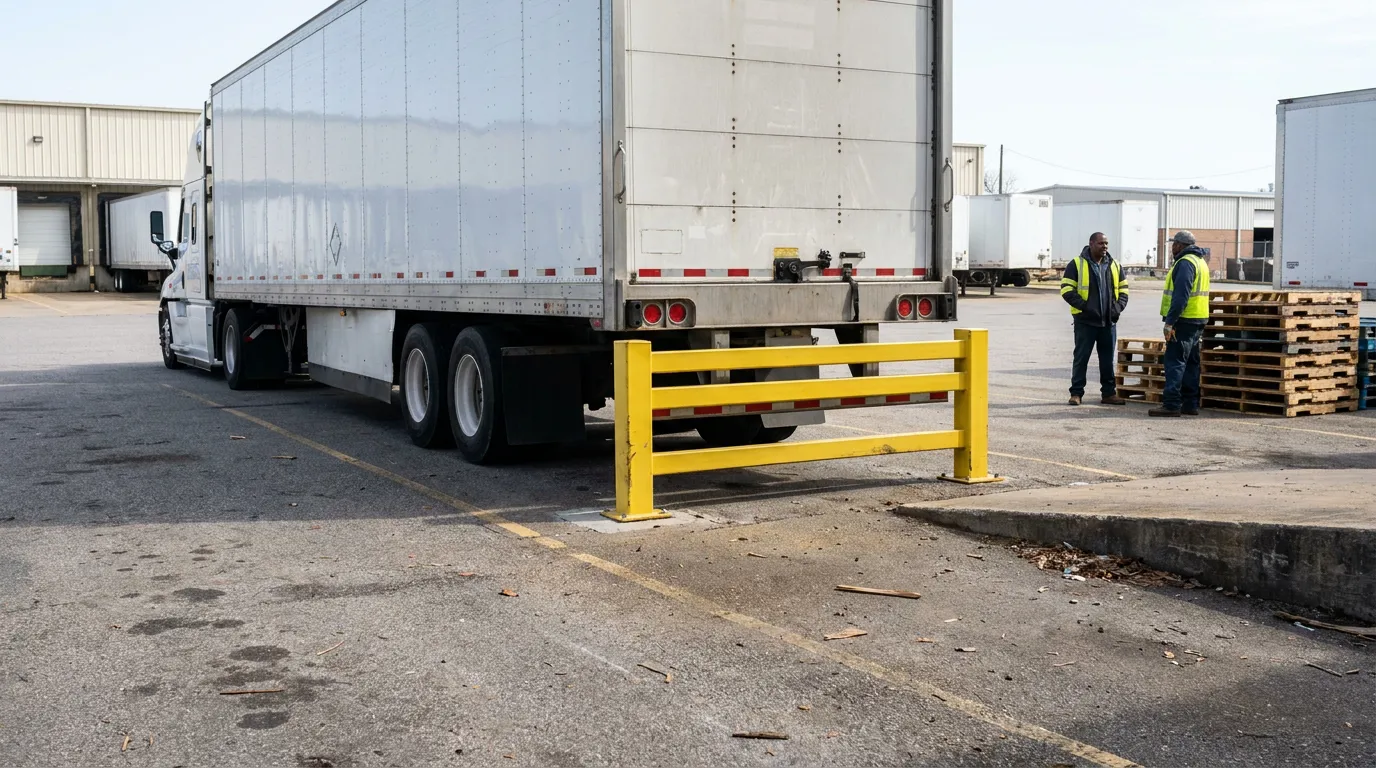 semi-truck backed into loading dock near safety barrier with two workers standing alongside