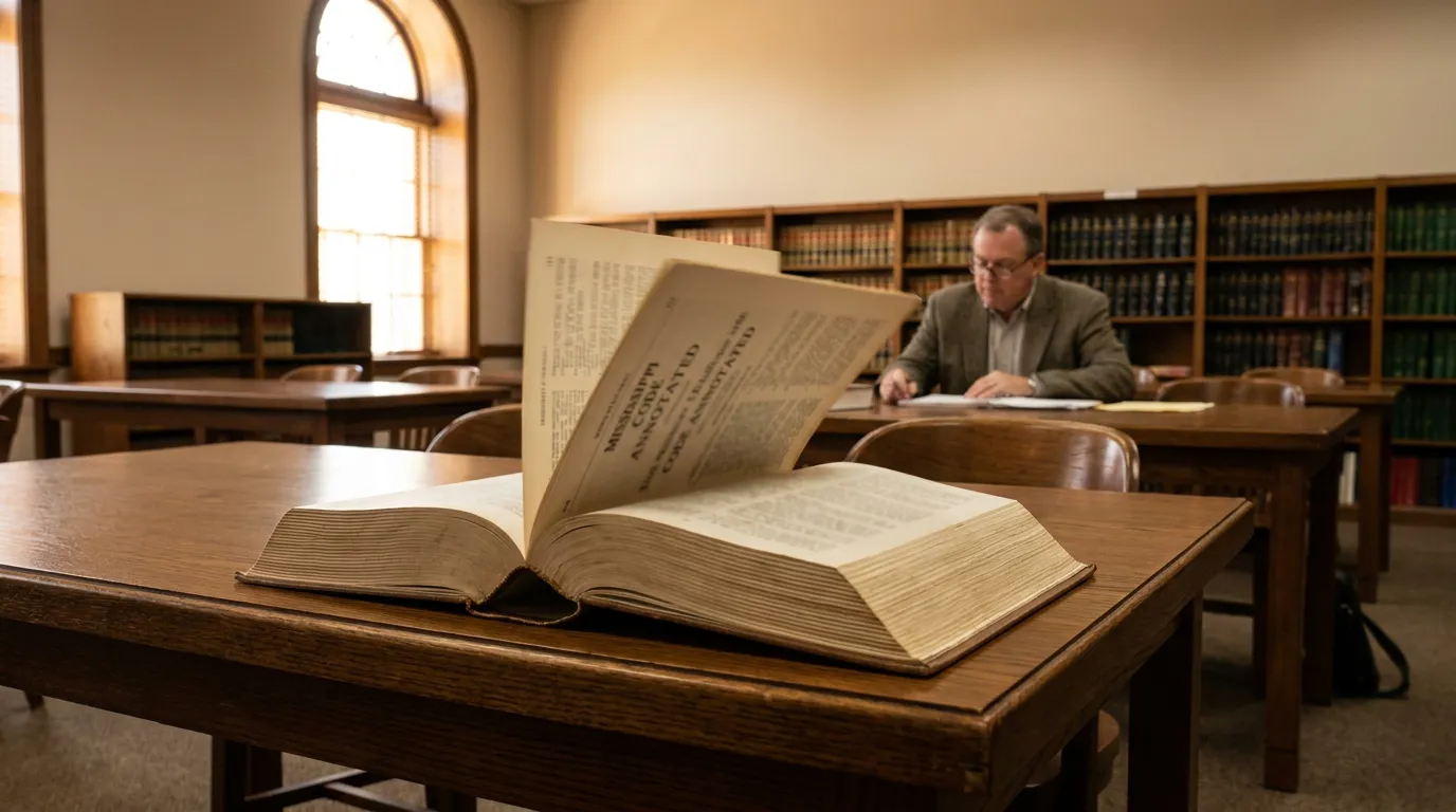 open Mississippi Code Annotated volume on law library table with attorney researching