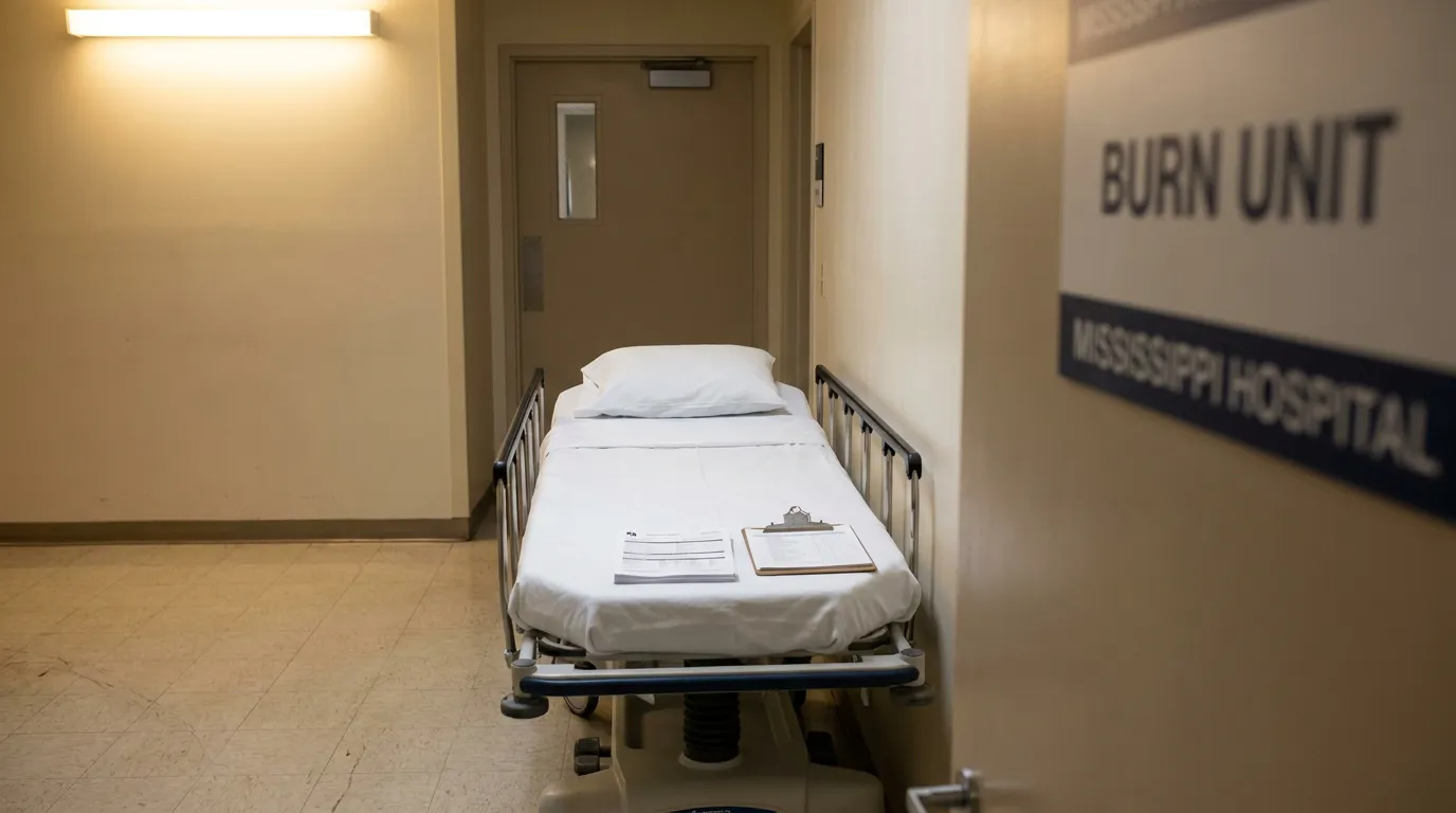 Burn Unit Mississippi Hospital sign beside empty hospital bed with clipboard