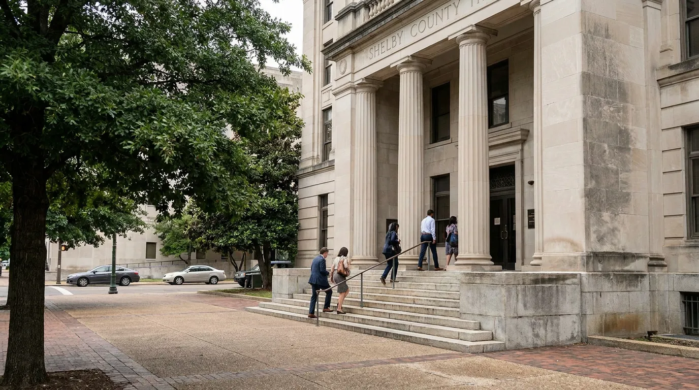 professionals ascending steps of Shelby County courthouse with stone columns