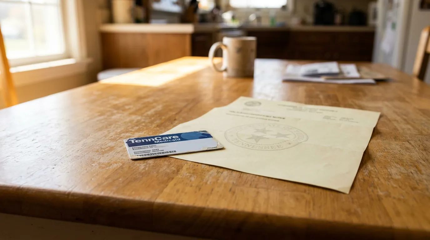 TennCare Medicaid card resting on official Tennessee state document on wooden table