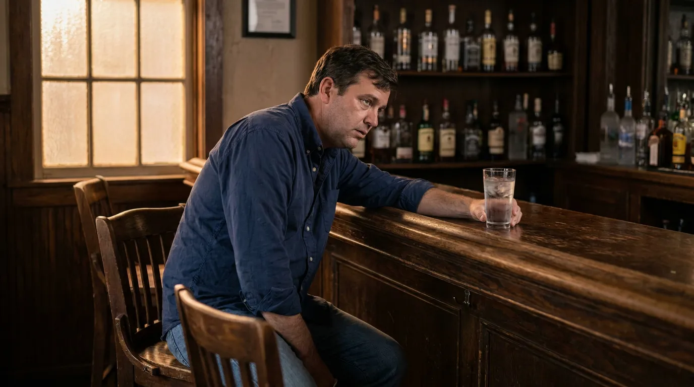 man sitting alone at wooden bar counter with glass of water nearby