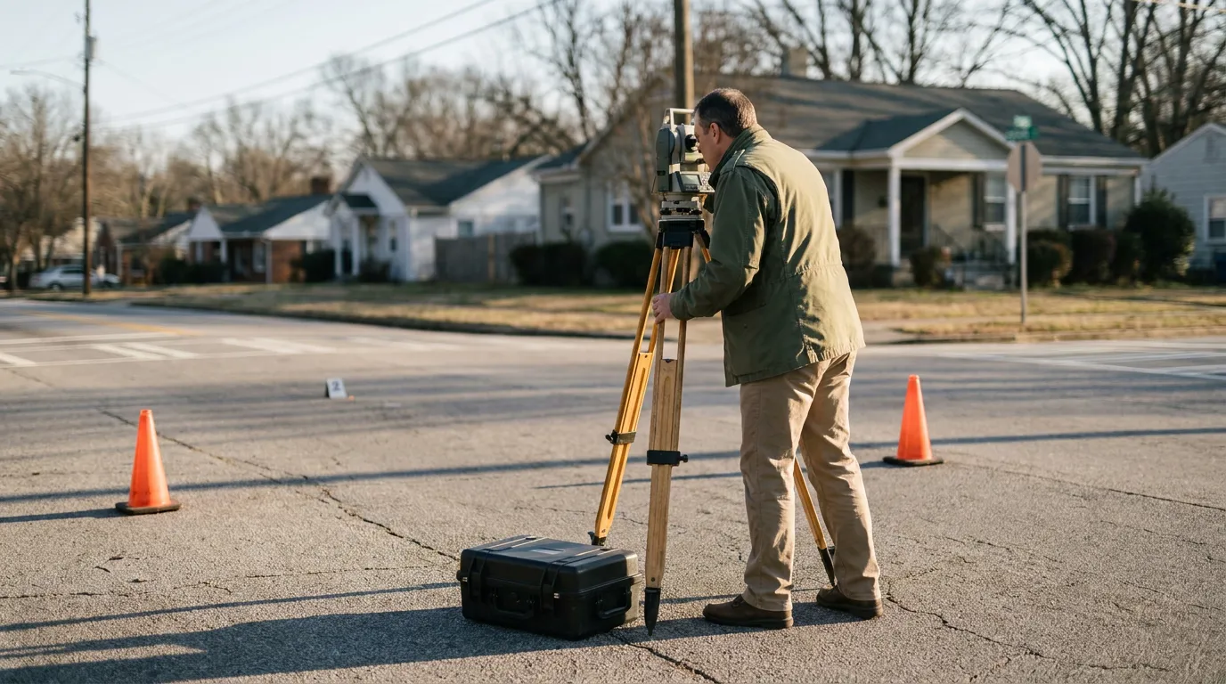 investigator using surveying equipment on road intersection flanked by traffic cones