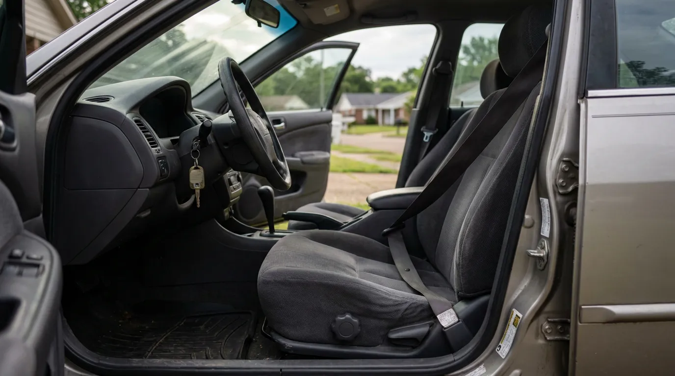 car interior showing driver seat, seatbelt, steering wheel, and keys in ignition