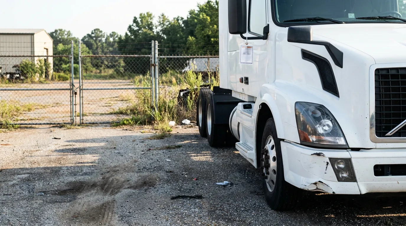 damaged semi-truck cab with cracked bumper parked on gravel near chain-link fence