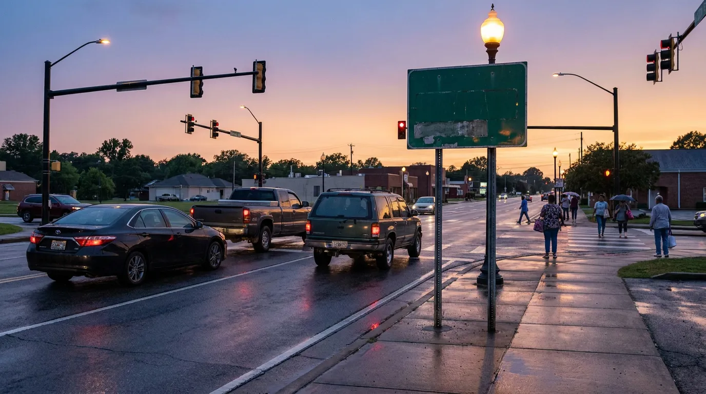 busy urban intersection at dusk with vehicles, traffic signals, and pedestrians on wet sidewalk