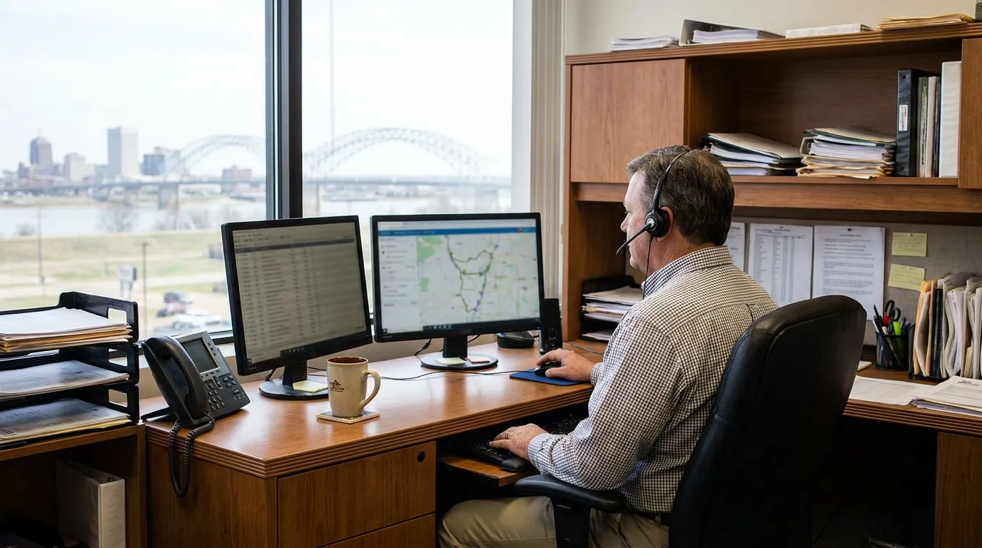 attorney wearing headset working at dual-monitor desk with city skyline view