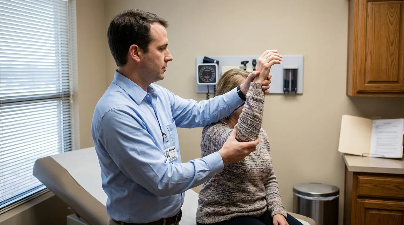 badged physician examining seated patient's raised arm in medical examination room
