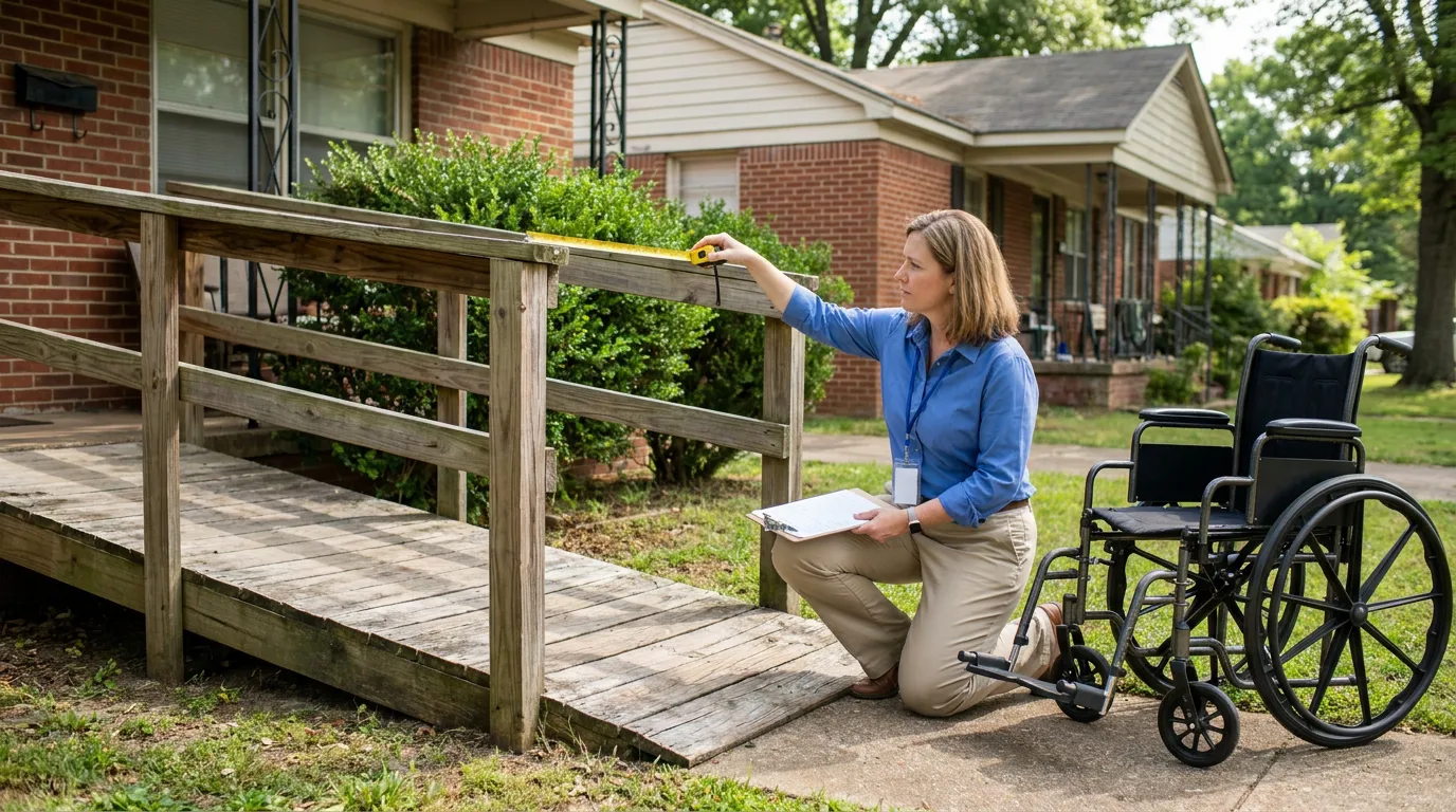 inspector measuring wooden wheelchair ramp railing with tape measure and clipboard