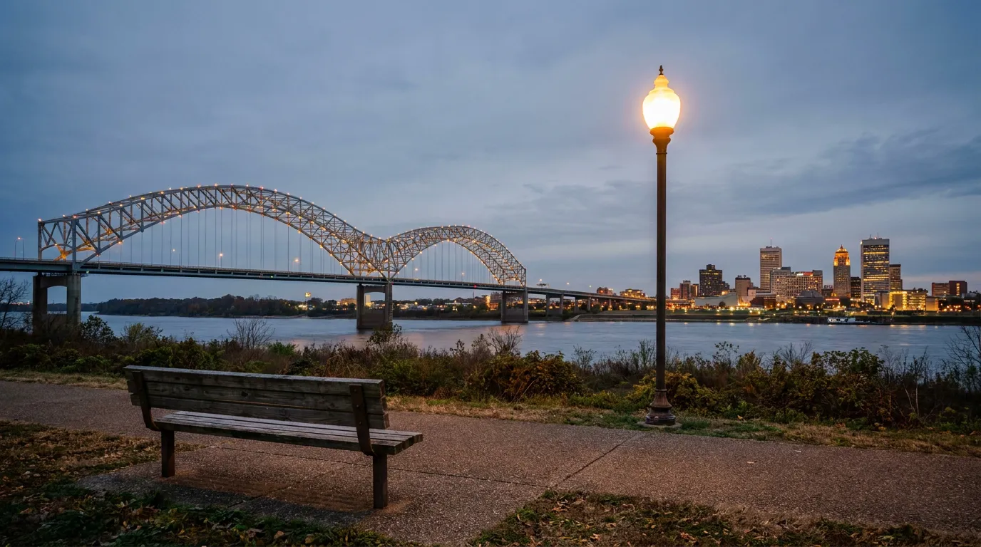 park bench and lamp post overlooking arched bridge and city skyline at dusk