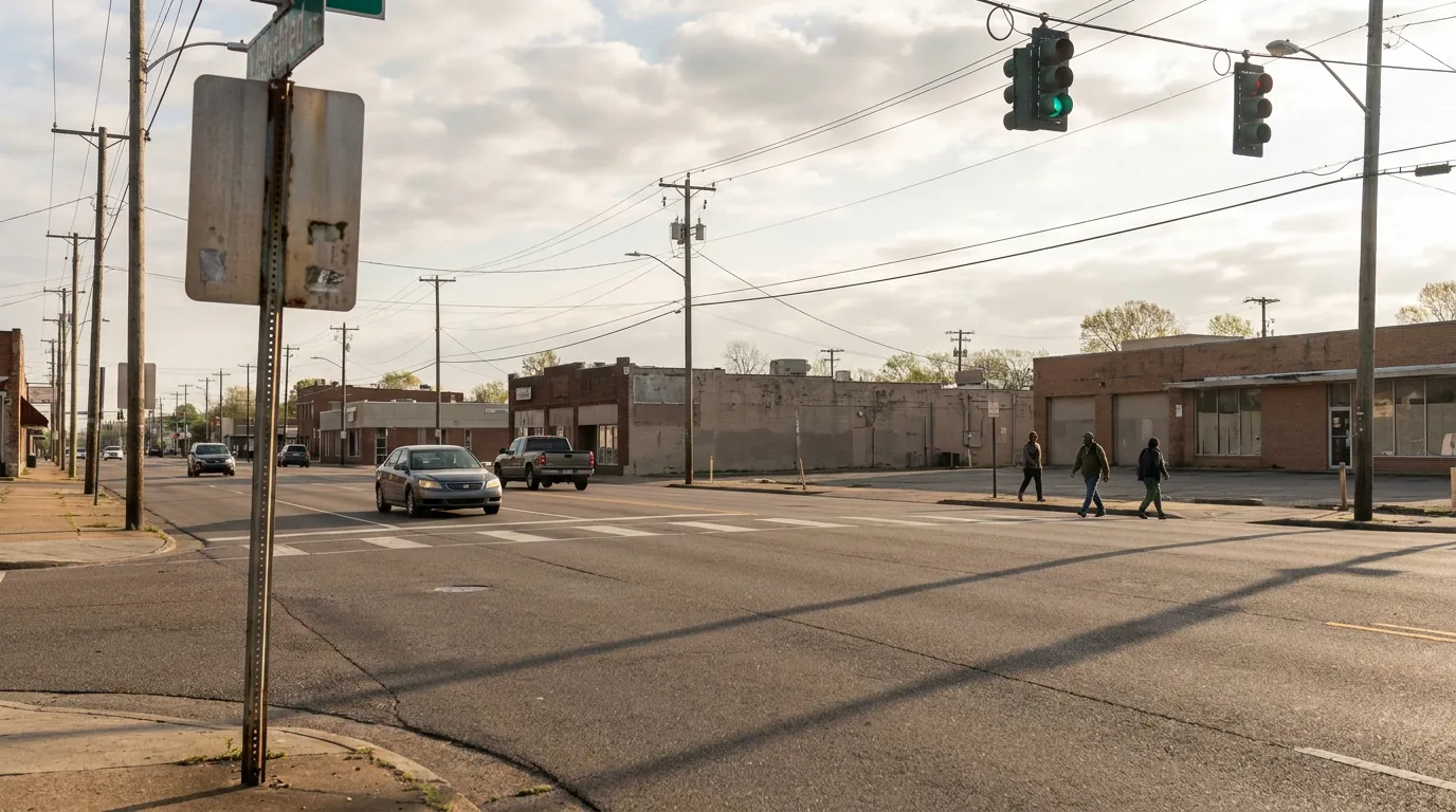 pedestrians crossing urban intersection with traffic signal and commercial storefronts