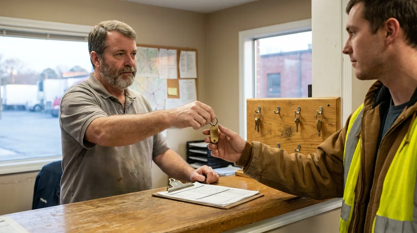supervisor handing vehicle key to worker in safety vest at dispatch counter